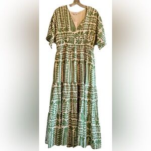 Baltic Born Austin Kimono Dress Womens Medium Green White Leaf Print Tiered Maxi